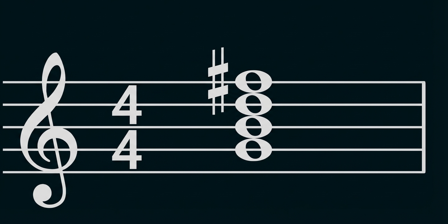 Violinschlüssel, 4/4-Takt und drei übereinanderstehende Noten mit Kreuz